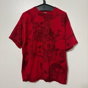 Vintage Y2K Yazbek Size XL Red Black Skull Print Tee Shirt Cybergoth Punk Grunge